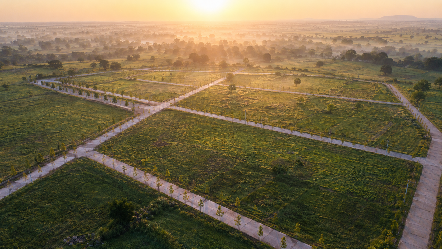 Aerial view of La Vallée Farms at golden hour