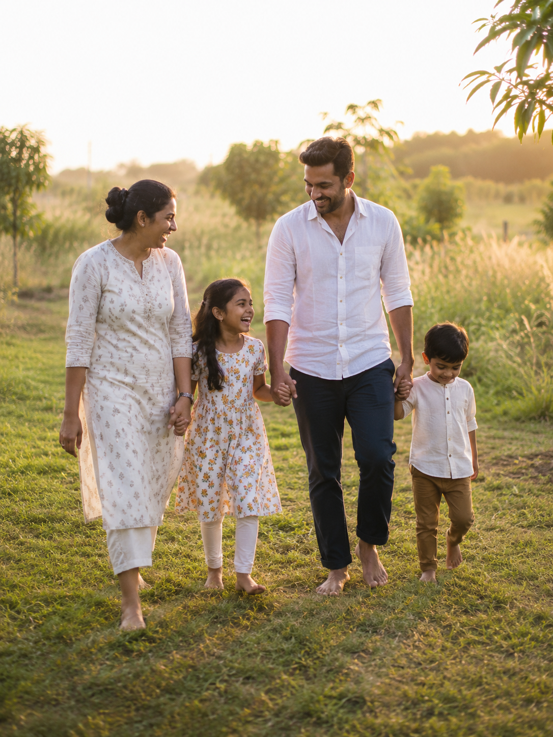 Family enjoying the farm at golden hour